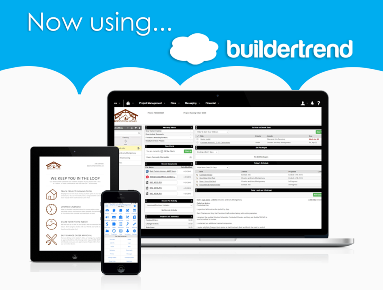 Apple iPad, iPhone, and MacBook showing Buildertrend software interface on a blue background with clouds