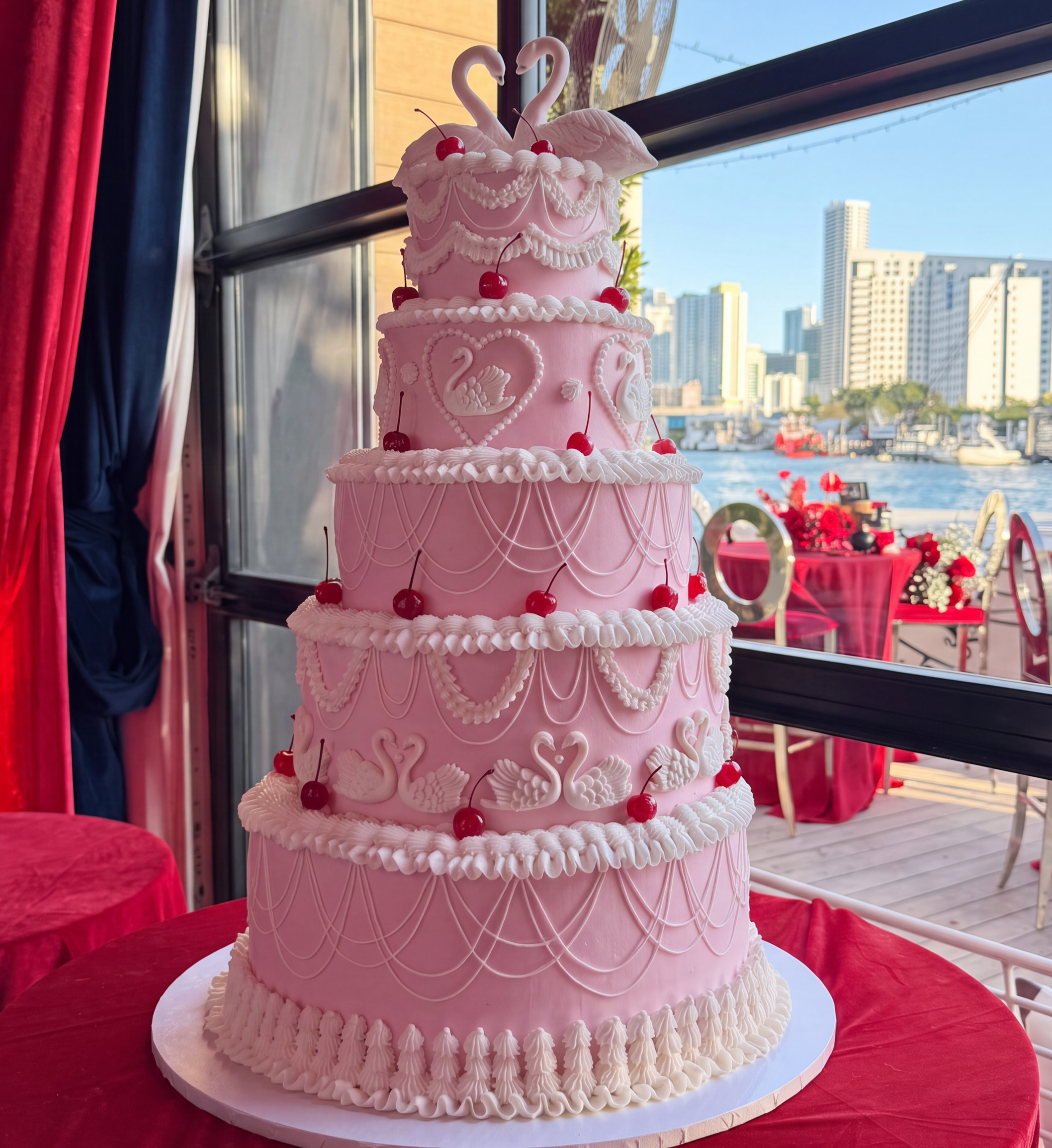 A pink, multi-tiered wedding cake decorated with swans, cherries, and swan motifs.
