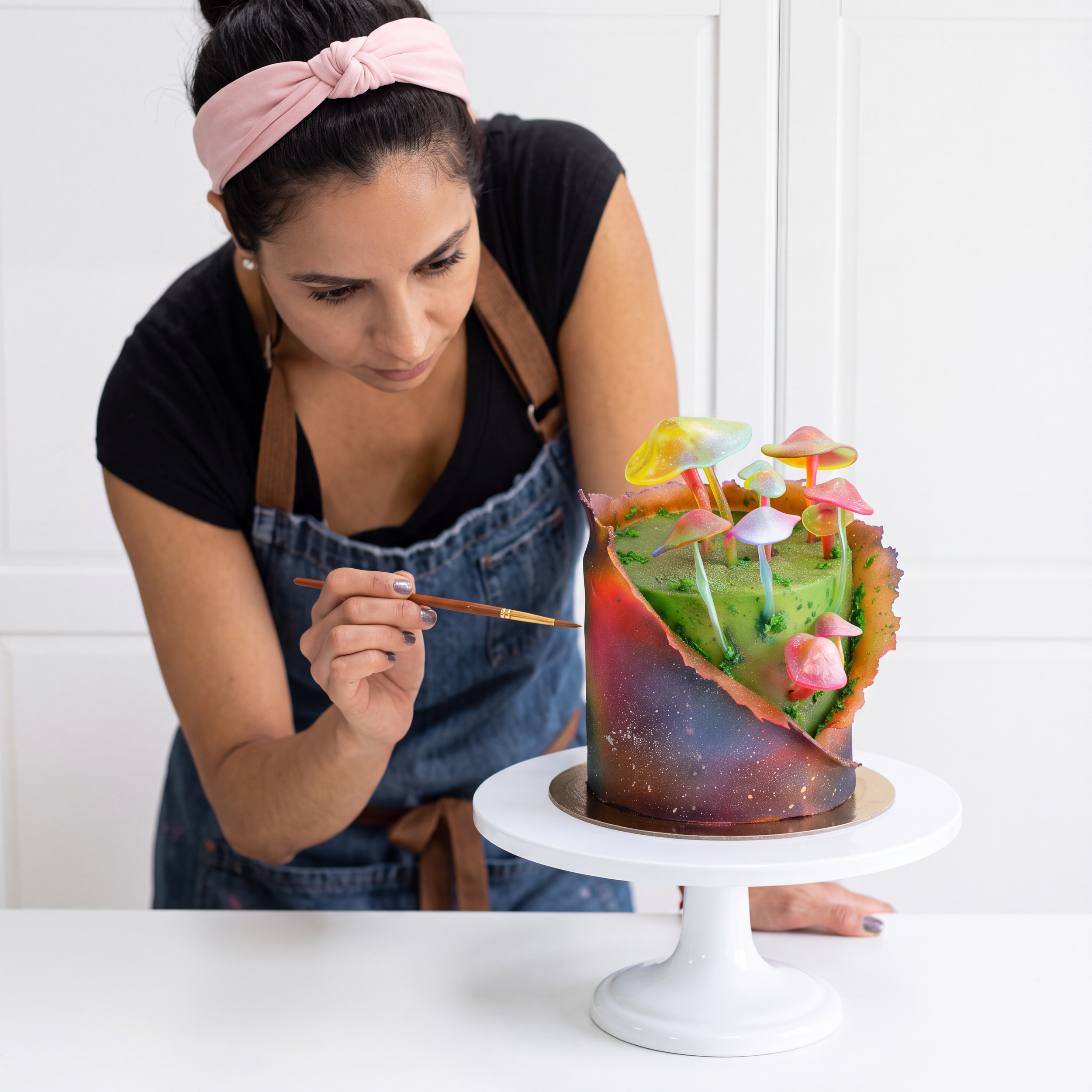 Chef Indira decorating her psycodellic mushroom themed cake.