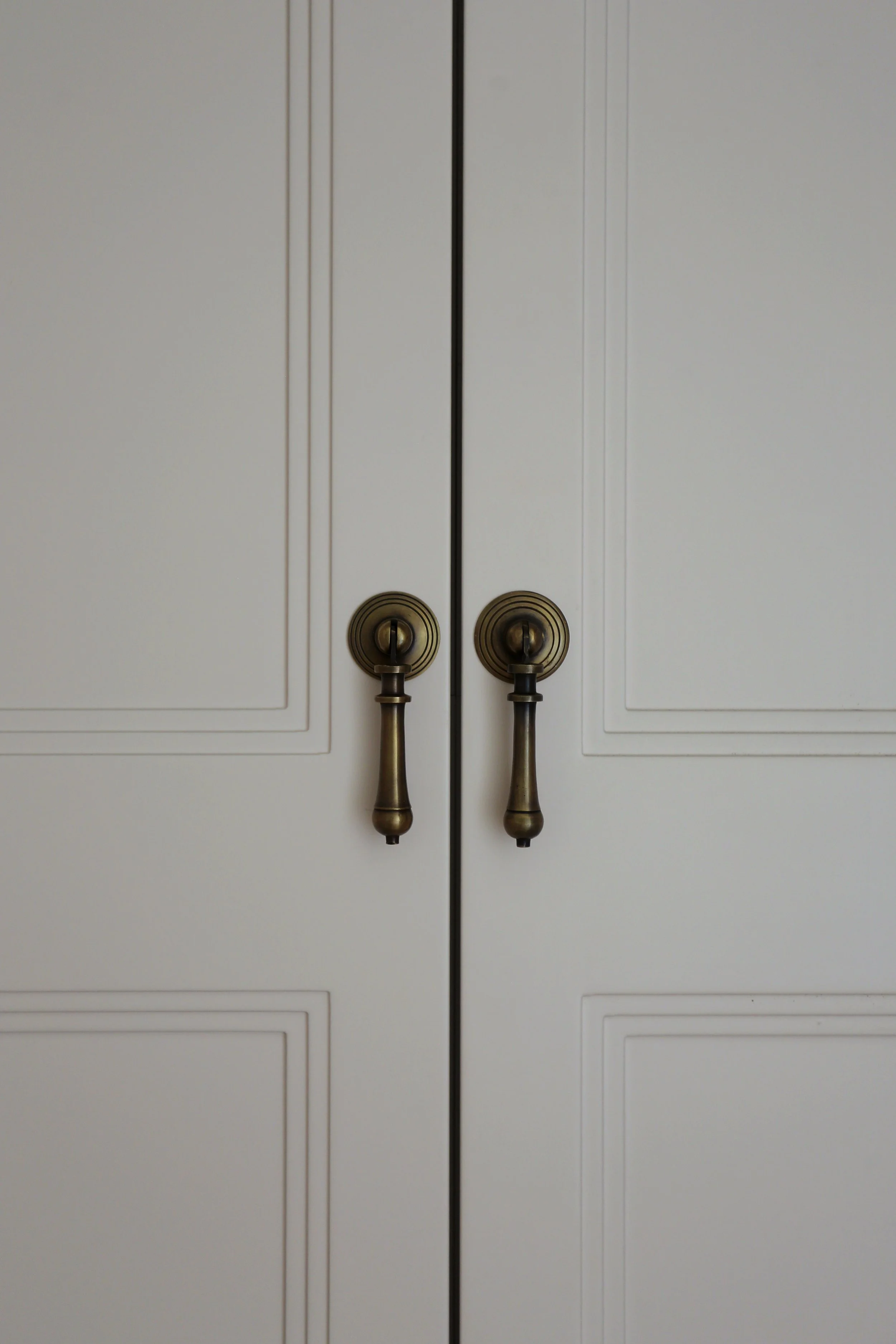 White double cabinet doors with bronze handles.