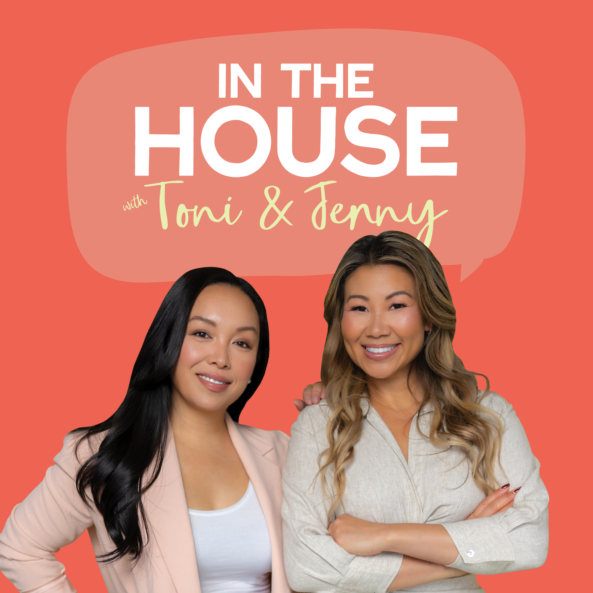 Two women smiling, one with long dark hair wearing a beige blazer and white top, and the other with long wavy blonde hair wearing a light beige top, standing close together against a coral background with text about a podcast.