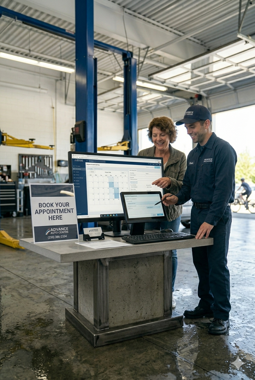 A man and a woman looking at a computer screen and a tablet on a table in an auto repair shop. The table has a sign that reads "Book Your Appointment Here".