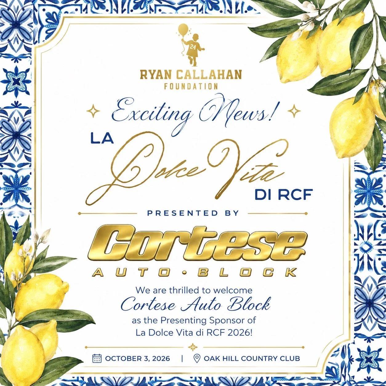 One sponsor. Hundreds of families. Countless moments of relief.

Today we&rsquo;re honored to welcome Cortese Auto Block as the Presenting Sponsor of La Dolce Vita di RCF.

Because of partners like Cortese, a parent can focus on their child instead o