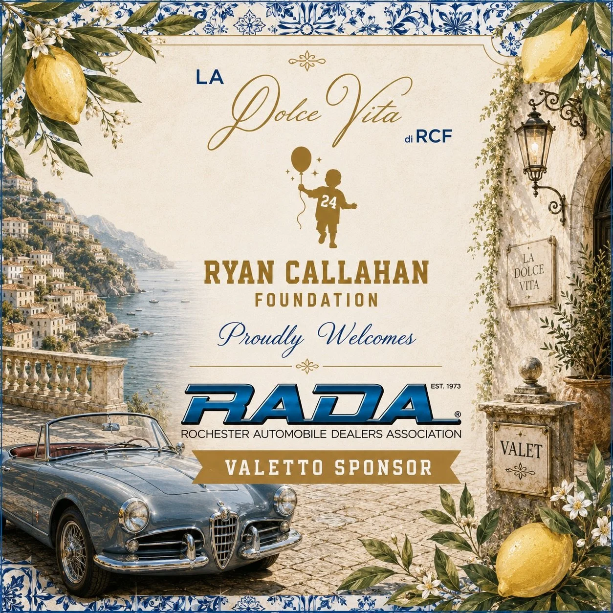 Every unforgettable evening begins with a warm welcome.

We are proud to welcome Rochester Automobile Dealers Association as the Valetto Sponsor of La Dolce Vita di RCF.

Grazie for helping us roll out the red carpet for our guests while making a mea