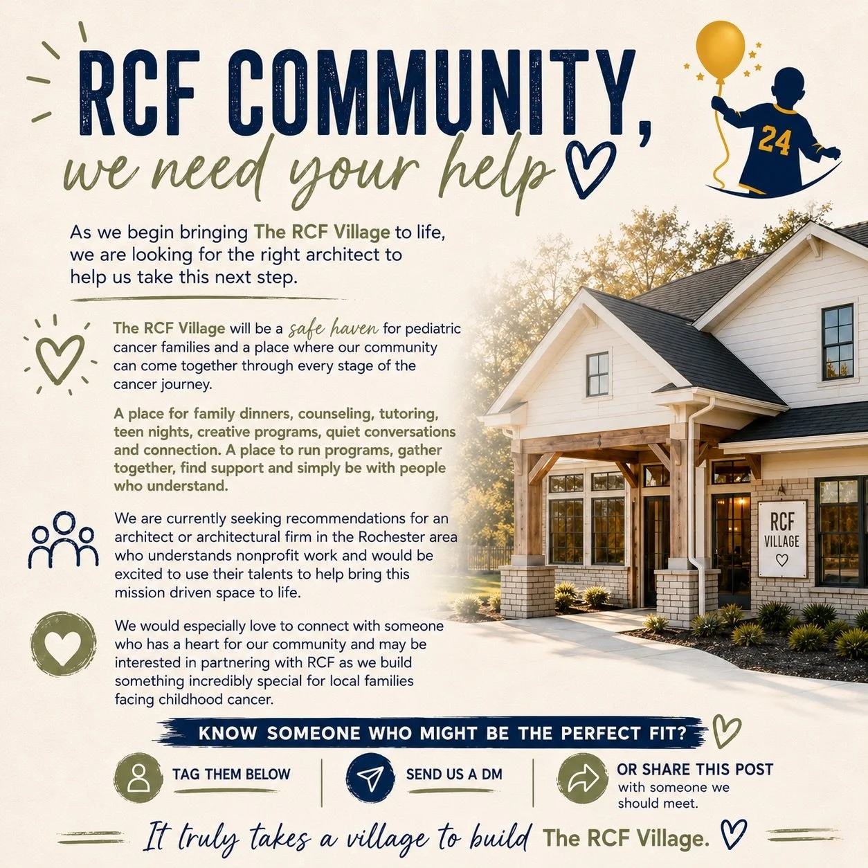 RCF COMMUNITY, WE NEED YOUR HELP 🤍

As we begin bringing The RCF Village to life, we are looking for the right architect to help us take this next step.

The RCF Village will be a safe haven for pediatric cancer families and a place where our commun