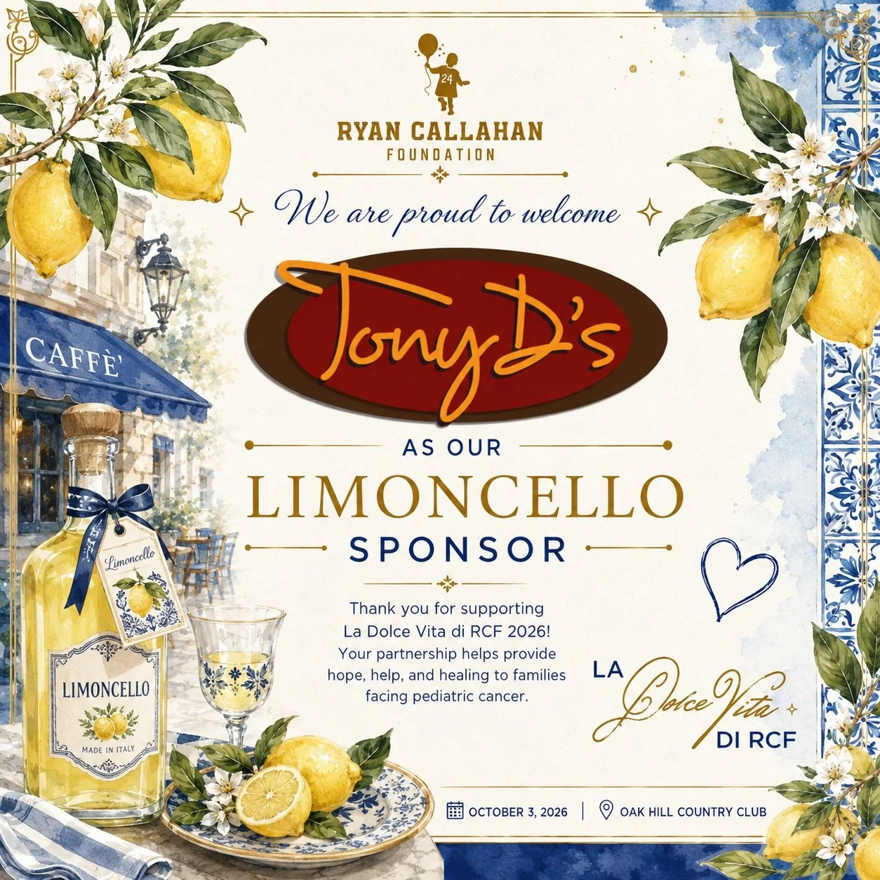 🍋 SALUTE TO TONY D&rsquo;S! 🇮🇹

A little taste of Italy is coming to La Dolce Vita di RCF&hellip; and this one deserves a cin cin! 🥂🍋

We are so excited to welcome Tony D&rsquo;s as our official Limoncello Sponsor for this year&rsquo;s gala!

To