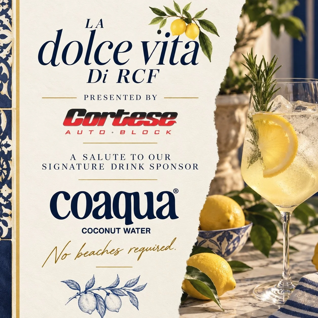 The forecast for October 3? 100% chance of a salute. 🥂 No beaches required.

We&rsquo;re bringing a little taste of the sweet life to La Dolce Vita di RCF with Coaqua Coconut Water, one of our Signature Drink Sponsors. 🍋

Because when the night cal