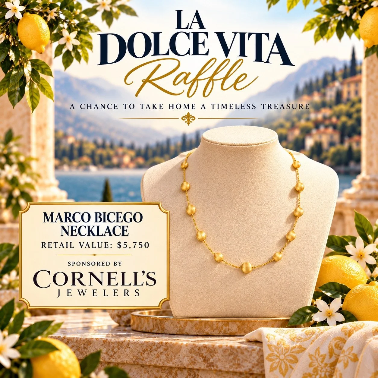 A little Italian gold moment ✨🍋

Win this stunning Marco Bicego necklace from Cornell&rsquo;s Jewelers, valued at $5,750.

One lucky winner. One very good night. 🇮🇹✨
