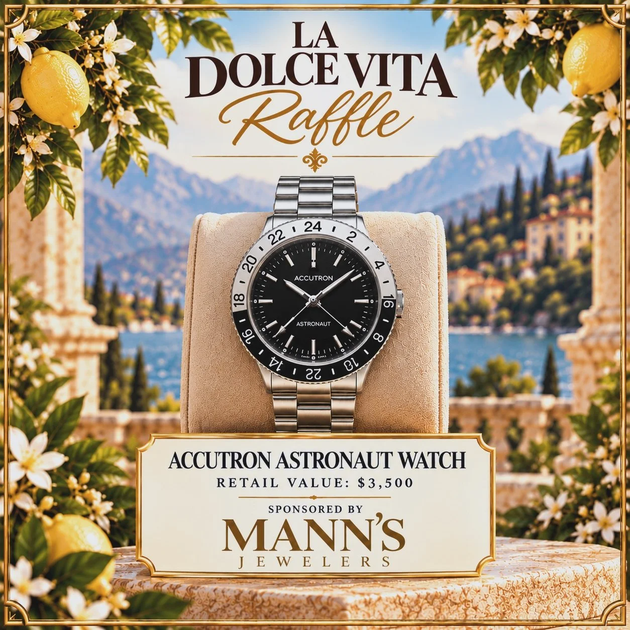 ⌚️ $3,500 Accutron Astronaut. One lucky winner.

The La Dolce Vita Raffle is bringing the goods. ✨

Generously sponsored by Mann&rsquo;s Jewelers.

Who&rsquo;s taking this home Saturday night? 🇮🇹