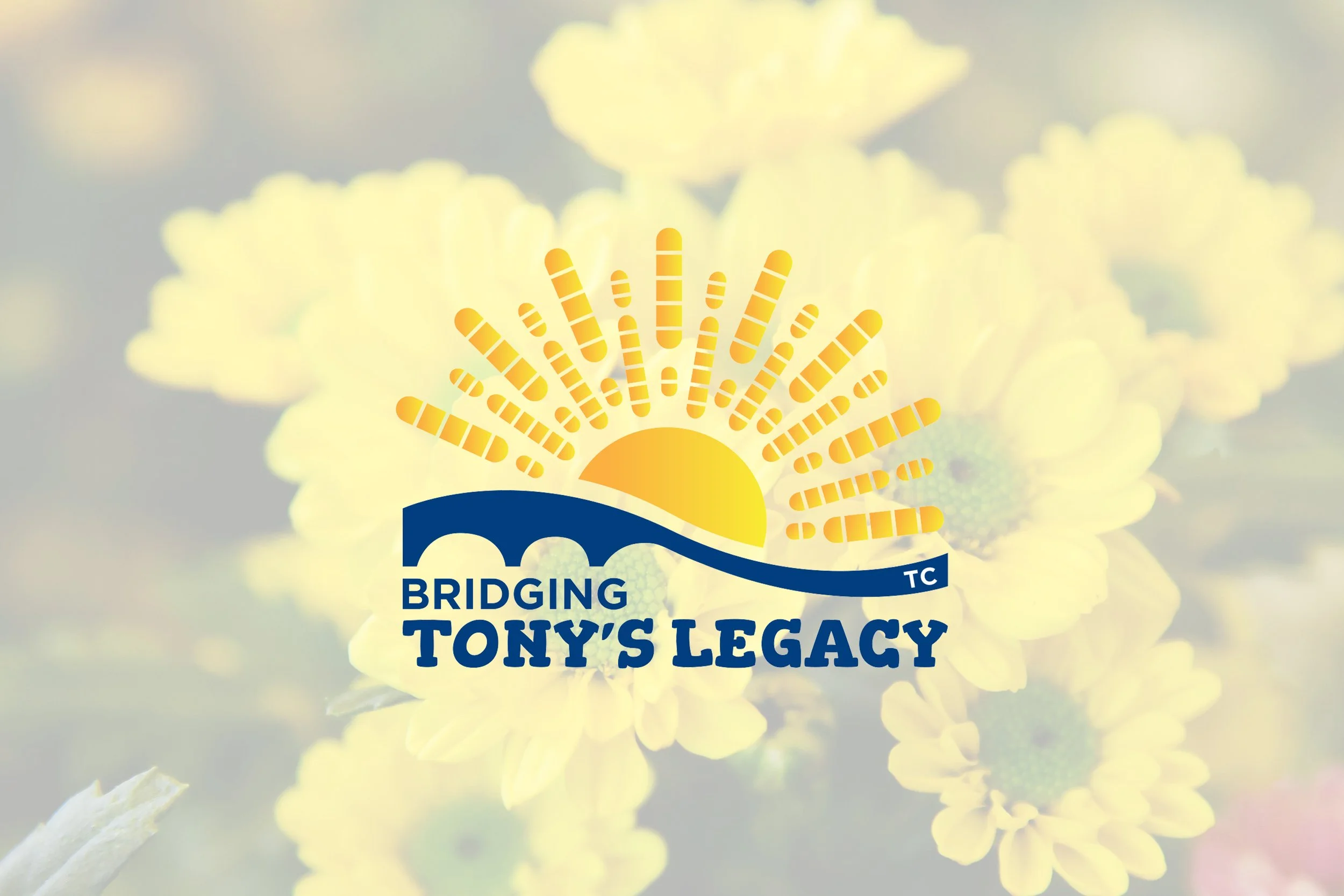 sun-shaped Bridging Tony's Legacy logo on yellow flower background