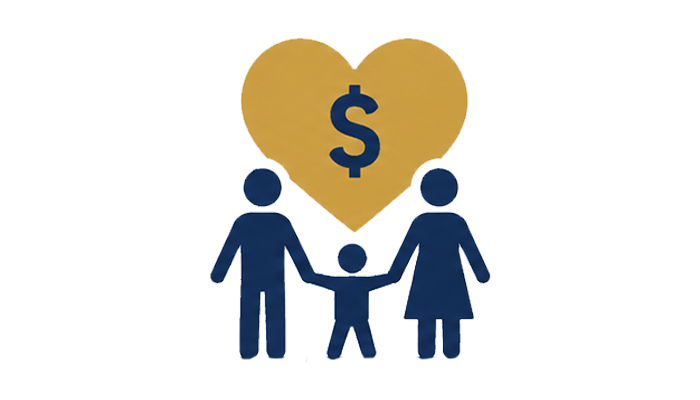 icon depicting family of three with a heart and dollar sign