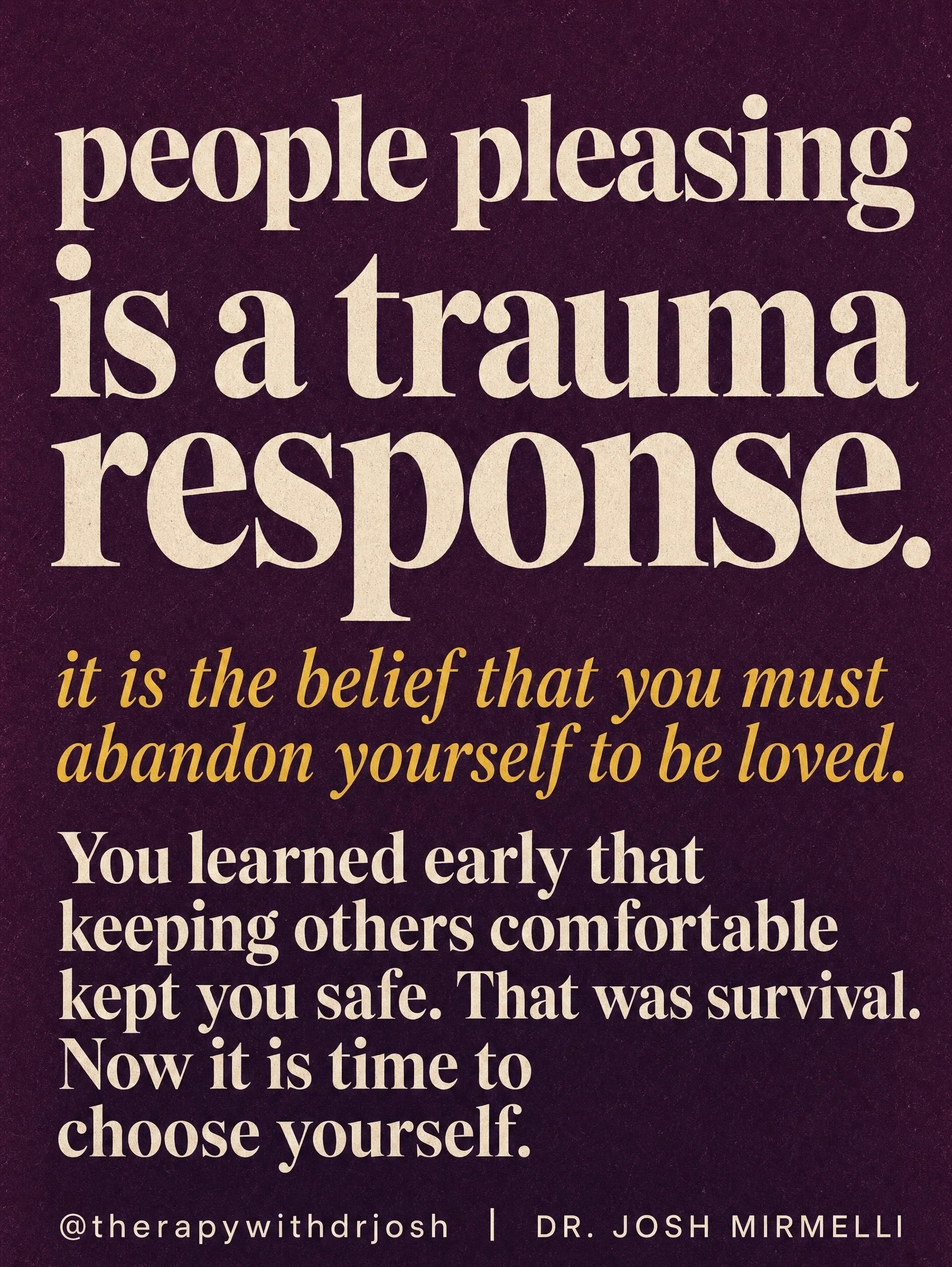People pleasing isn&rsquo;t kindness. It&rsquo;s often the fear that being fully yourself will cost you love.

#therapywithdrjosh #peoplepleasing #boundaries #trauma #mentalhealth