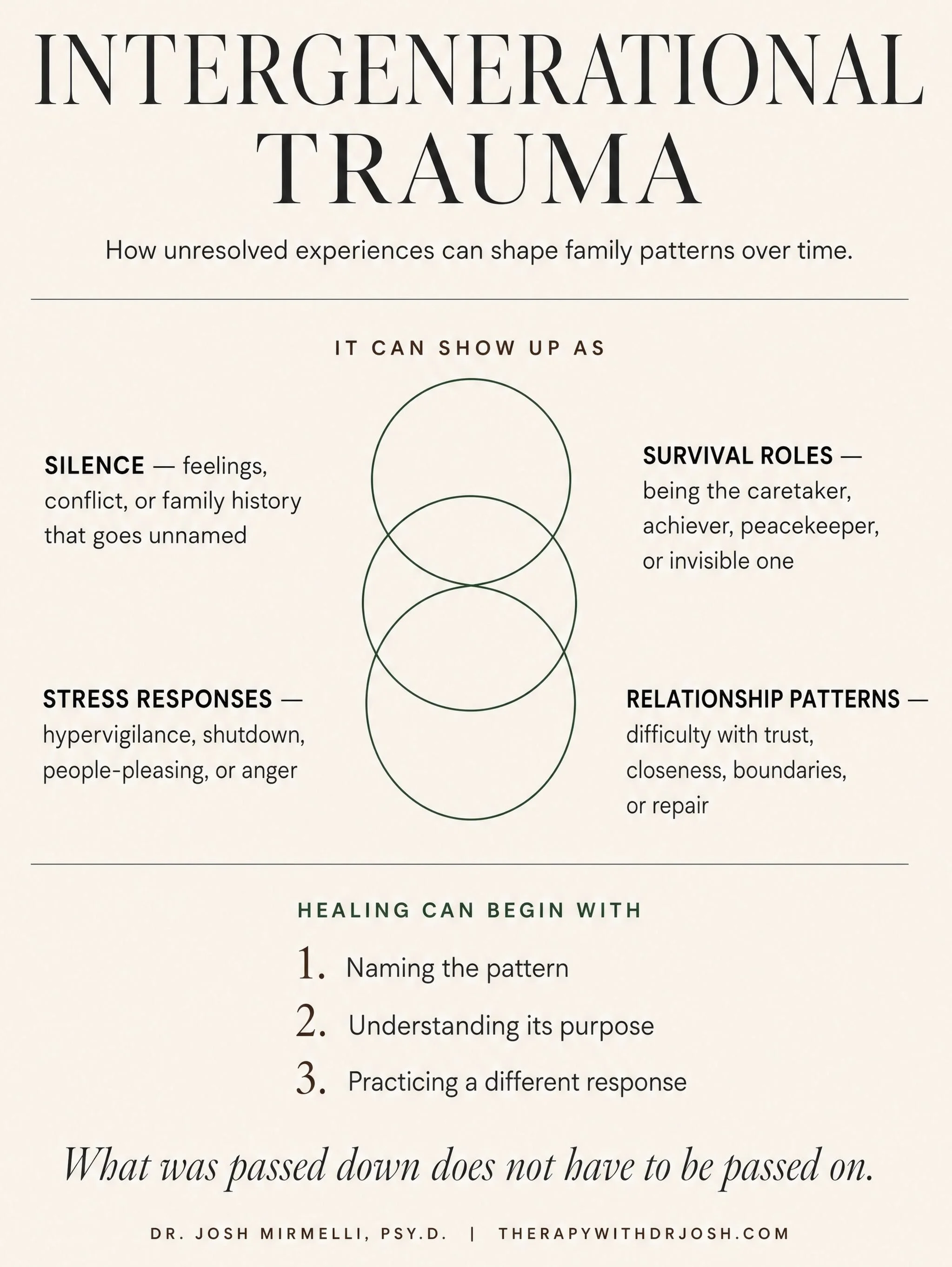 Intergenerational trauma isn&rsquo;t only about what happened. It&rsquo;s also about what families learned to avoid, suppress, normalize, or survive.

Over time, those adaptations can become roles, relationship patterns, stress responses, and unspoke