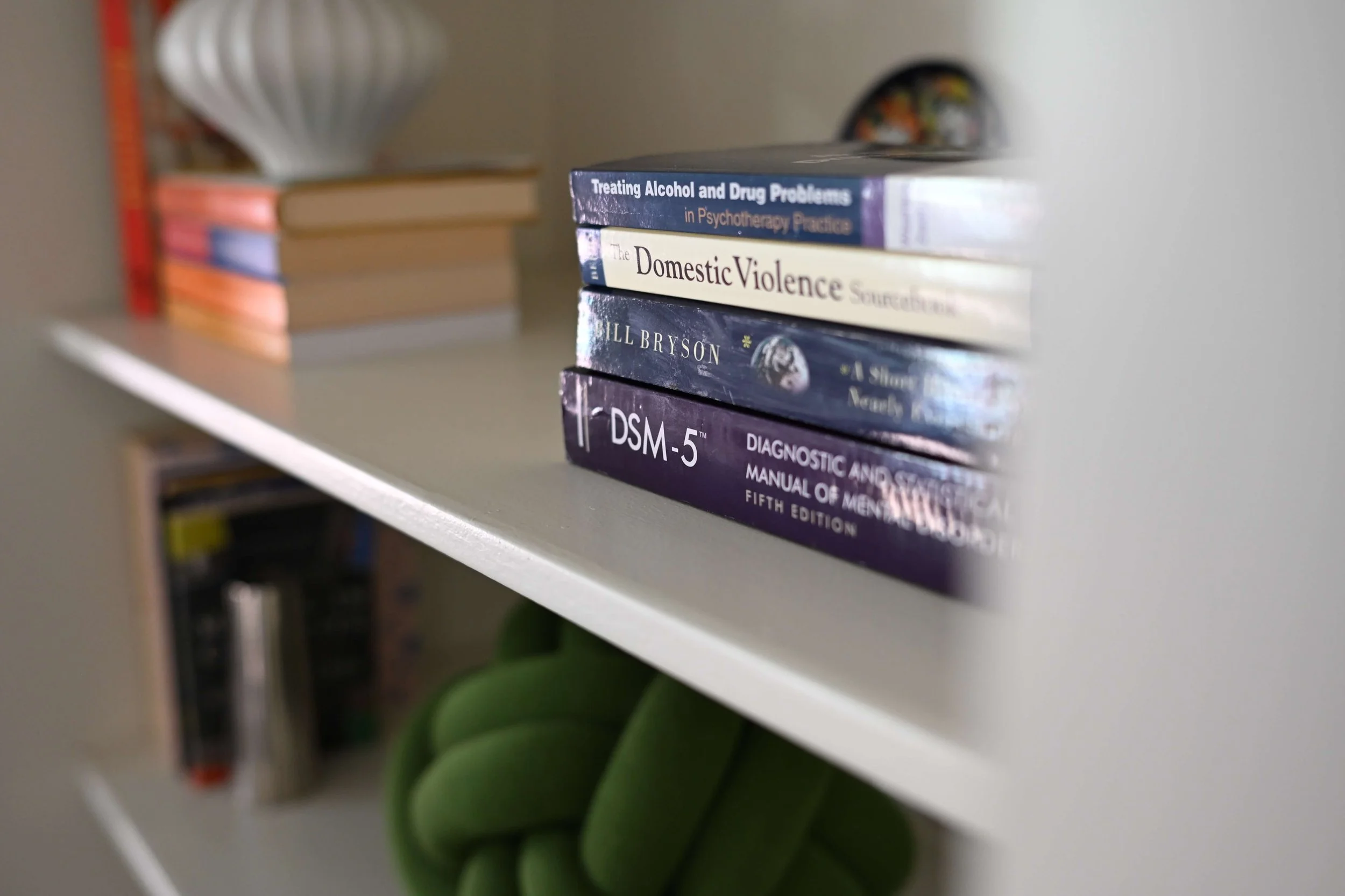 Stack of books on a white shelf, with titles including 'Treating Alcohol and Drug Problems in Psychotherapy Practice,' 'The Domestic Violence Sourcebook,' 'Bill Bryson,' and a book about DSM-5.