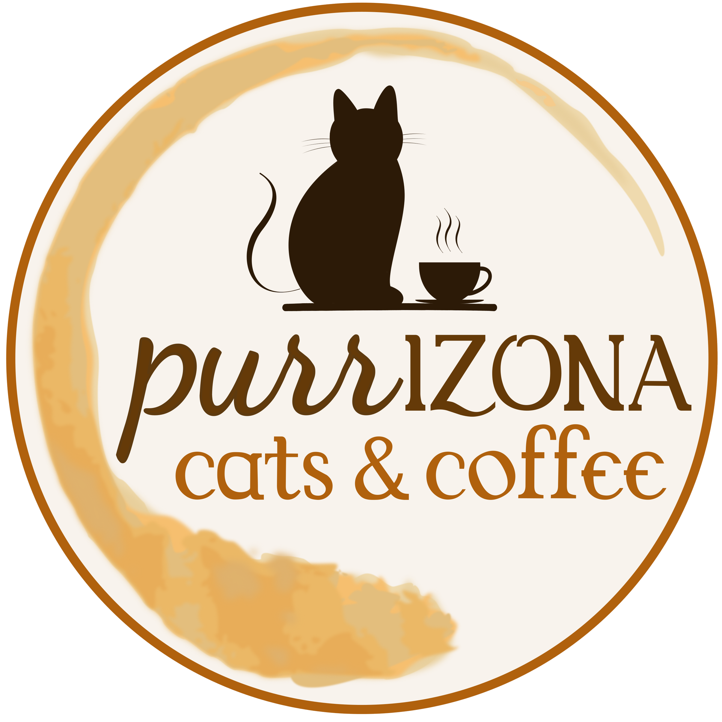 Circular Purrizona logo with a silhouette of a black cat sitting next to a steaming coffee cup. The background contains a coffee stain ensō, and the text reads 'Purrizona cats and coffee'.