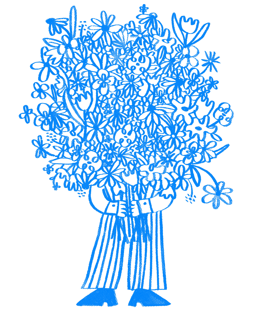 Blue line drawing of a bouquet of flowers resembling a person's head, with a striped shirt and simple shoes, set against a black background.