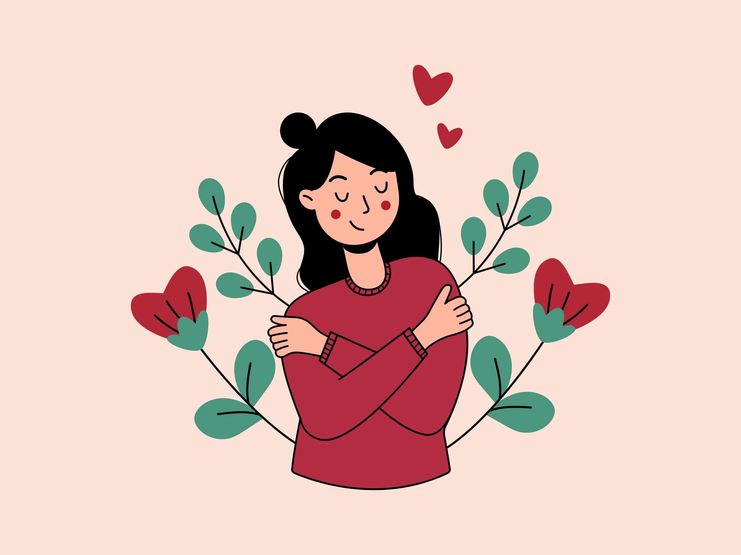 A cartoon illustration of a girl with black hair, dressed in a red sweater, hugging a large red heart, surrounded by green leaves and small red hearts on a pink background.