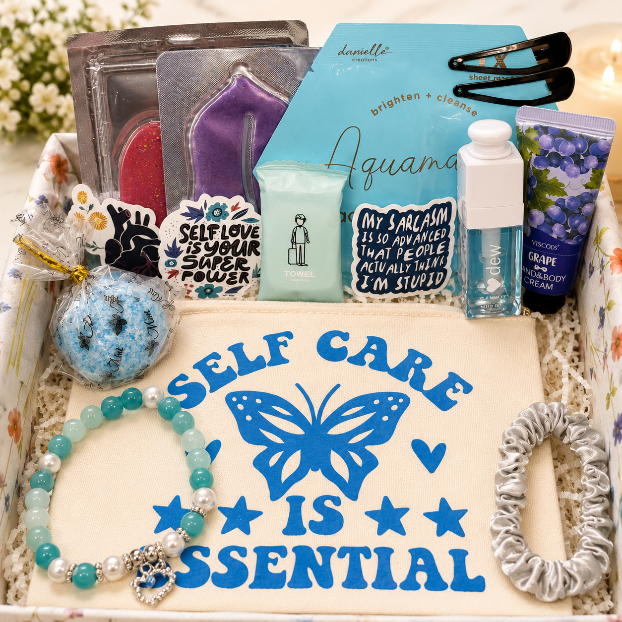 Self Care Gift Box | Pamper Kit with Face Mask, Stickers & Bracelet