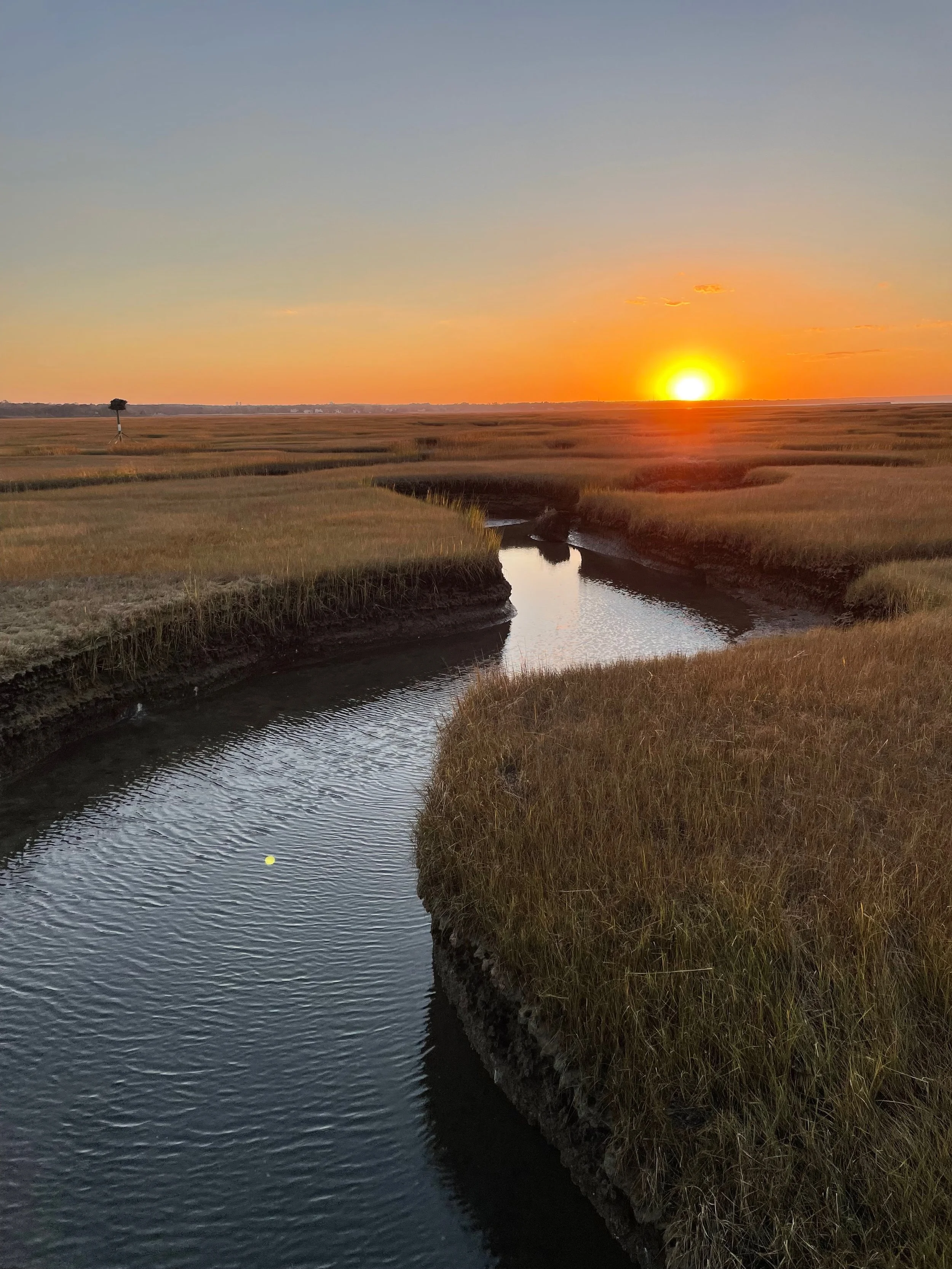 Sunset over a marsh with a winding waterway and grassy banks.