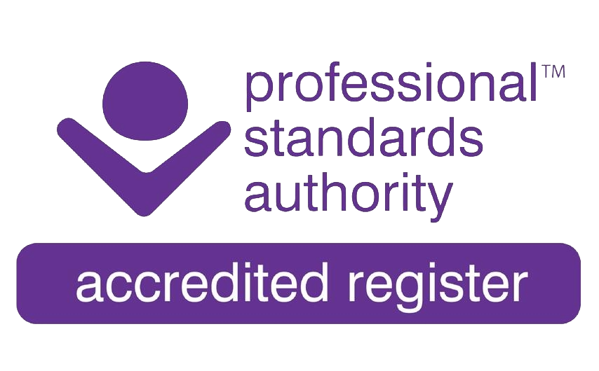 A purple icon of a person with a checkmark, alongside text that reads 'professional standards authority' and a purple button with the text 'accredited register'.