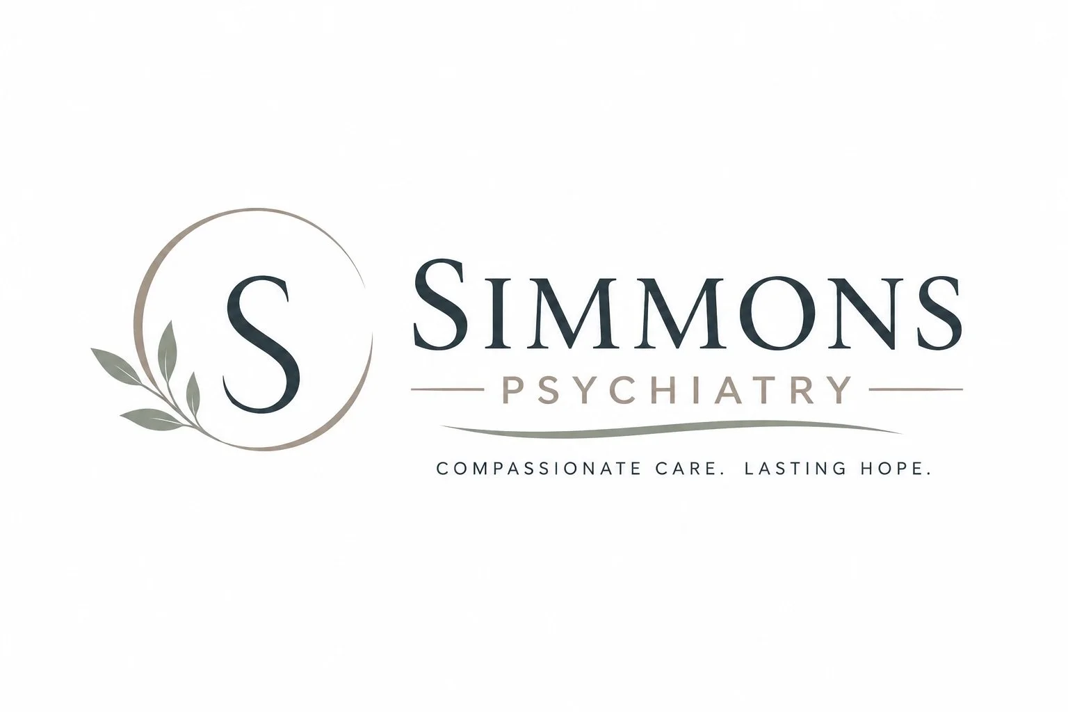 Simmons Psychiatry logo featuring a stylized 'S' inside a circle with leaves, the text 'Simmons Psychiatry', and the tagline 'Compassionate care. Lasting hope.'
