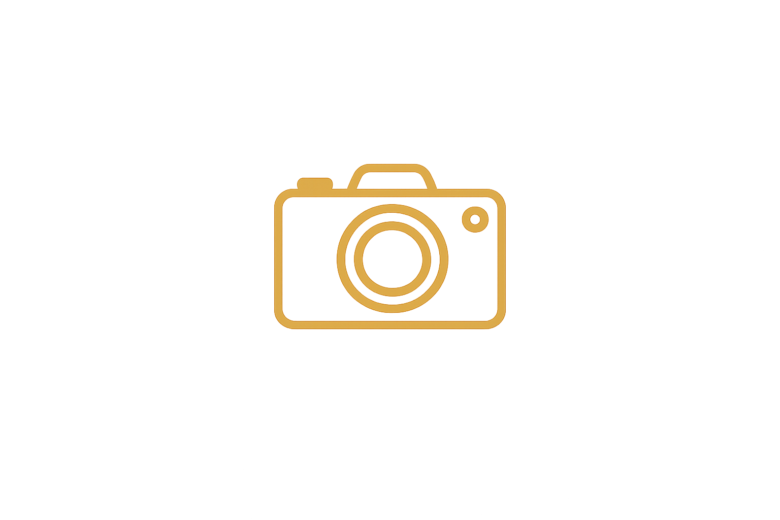 Outline of a camera icon in gold color on a black background.