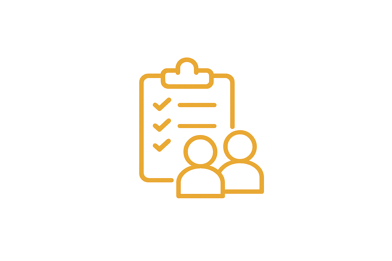 Neon outline of a clipboard with check marks and two user icons, glowing in orange.