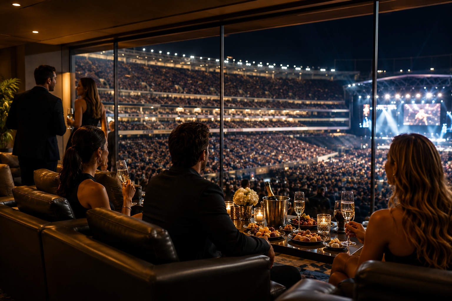 A luxurious private box at a concert stadium with well-dressed people enjoying drinks and snacks while watching a performance on stage.