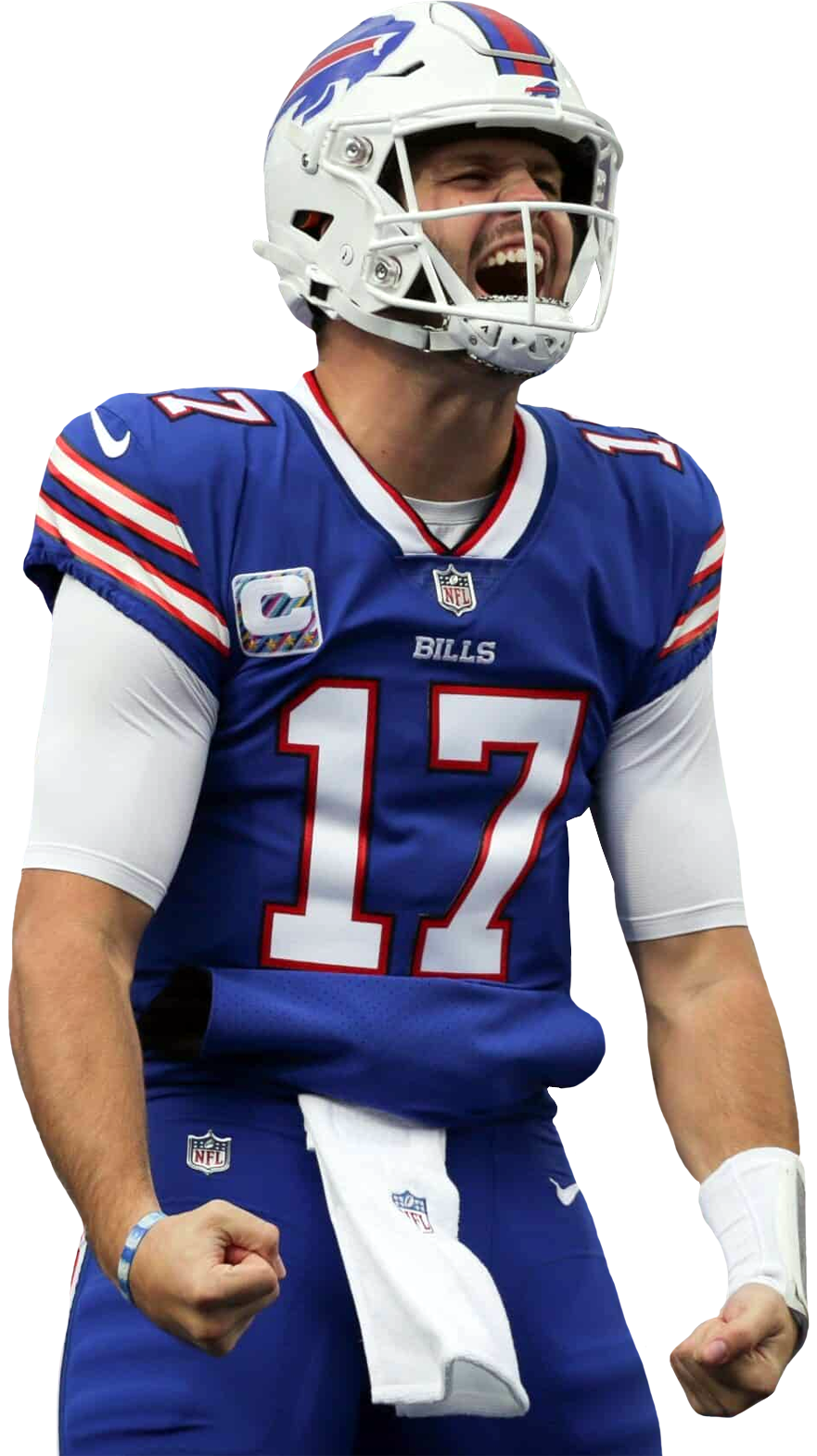 American football player wearing a blue jersey with number 17 and a white helmet, celebrating with a fist pump.