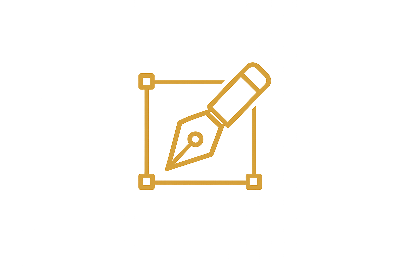 Gold icon of a fountain pen inside a square outline, representing design or editing.