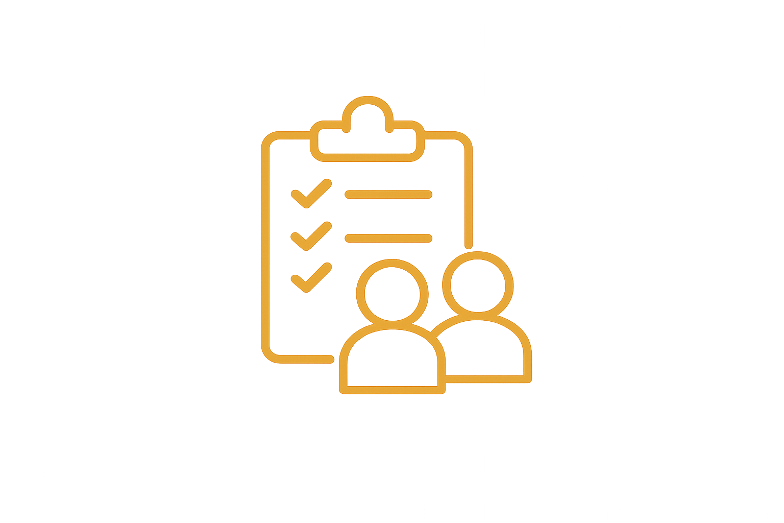 Outline of a clipboard with a checklist and two human figures in front of it, rendered in orange lines.