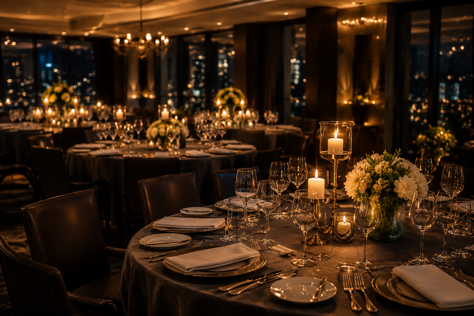 Elegant banquet table set for a formal event with white flowers, candles, wine glasses, and silverware in a dimly lit room with large windows showing a city skyline at night.