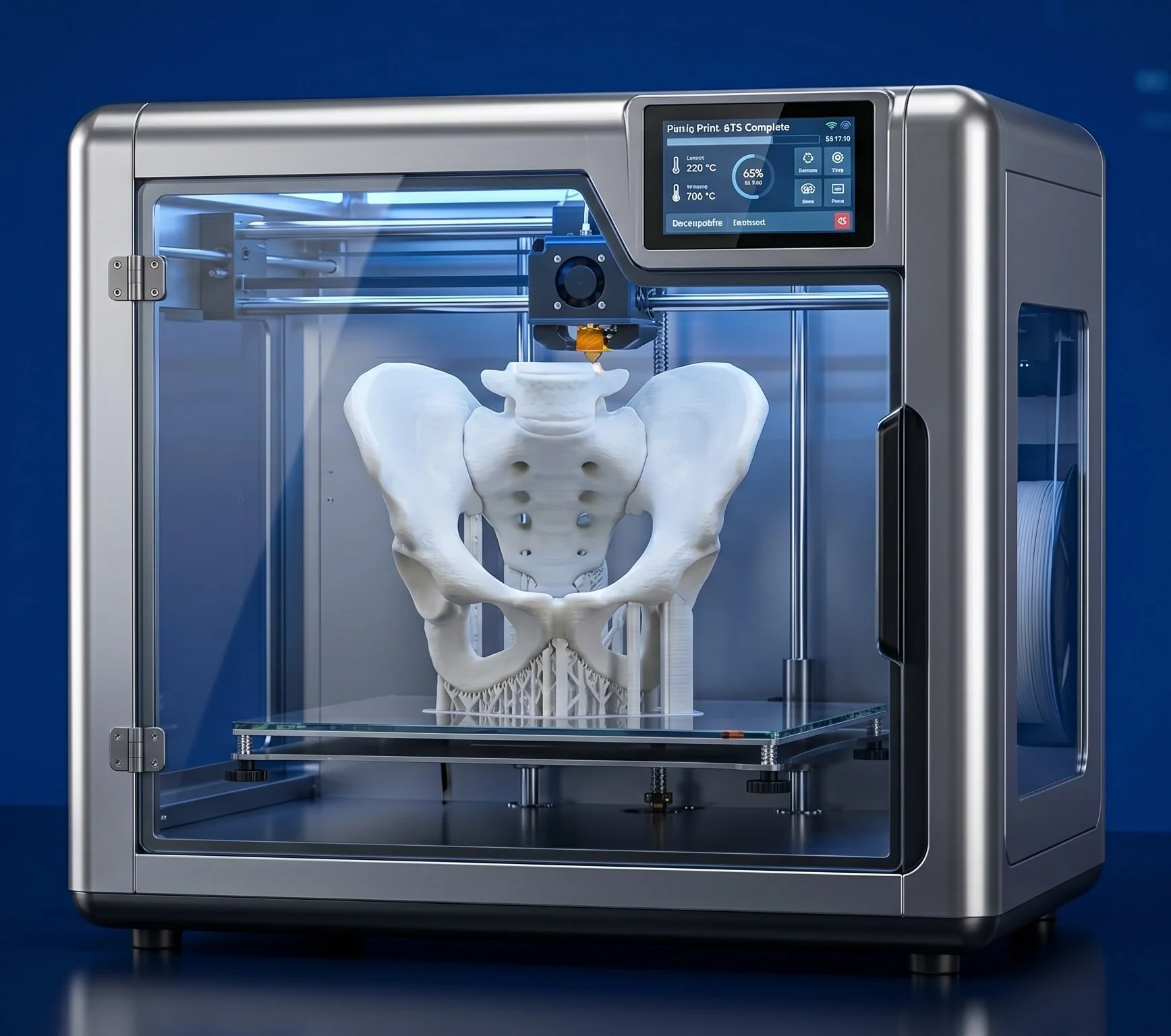 A 3D printer printing a detailed model of a pelvis and hip bones, with a digital display showing printing status and temperature details.