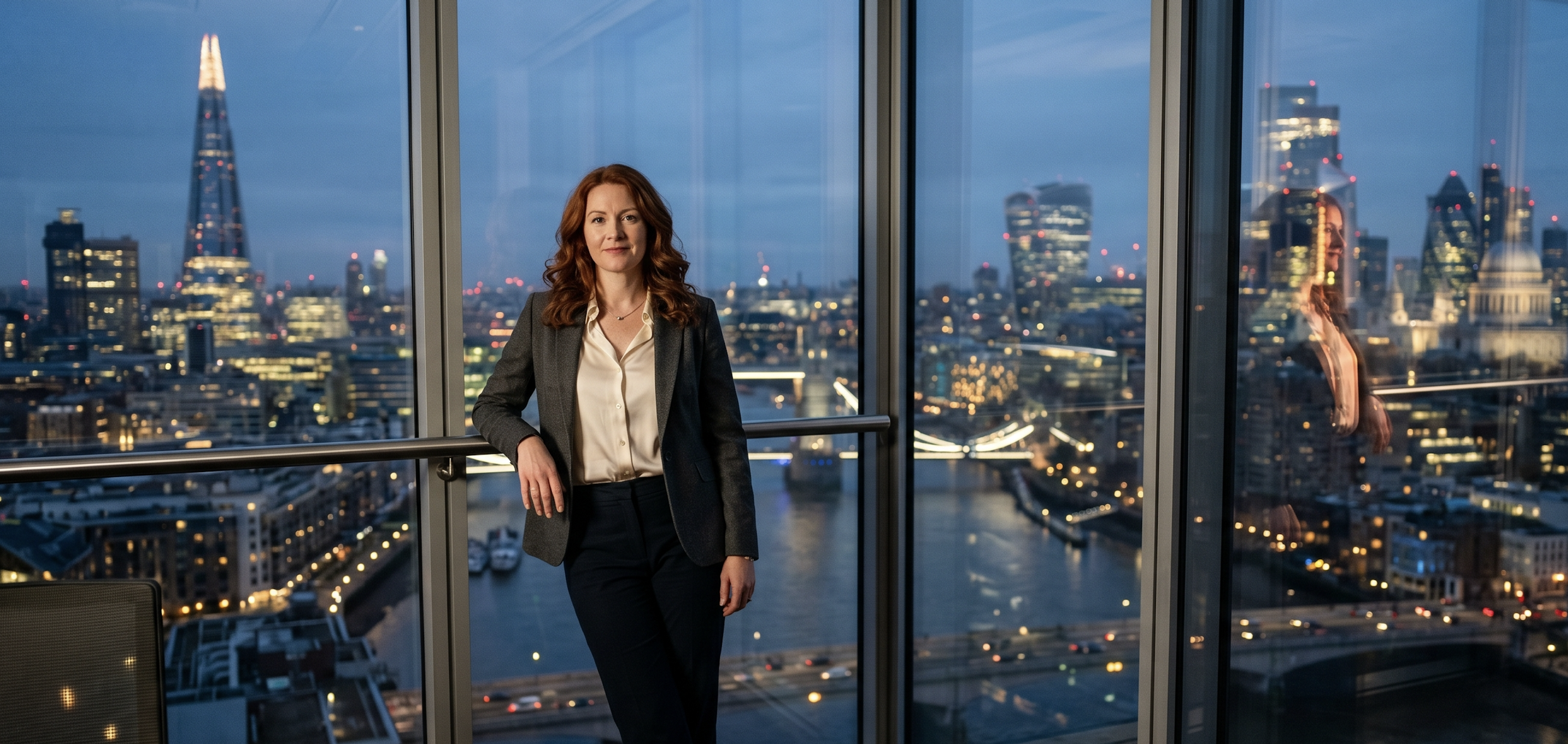 A woman with red hair in professional attire standing in front of floor-to-ceiling windows overlooking a city skyline at dusk with illuminated buildings and a river, after having her cyber threats removed.