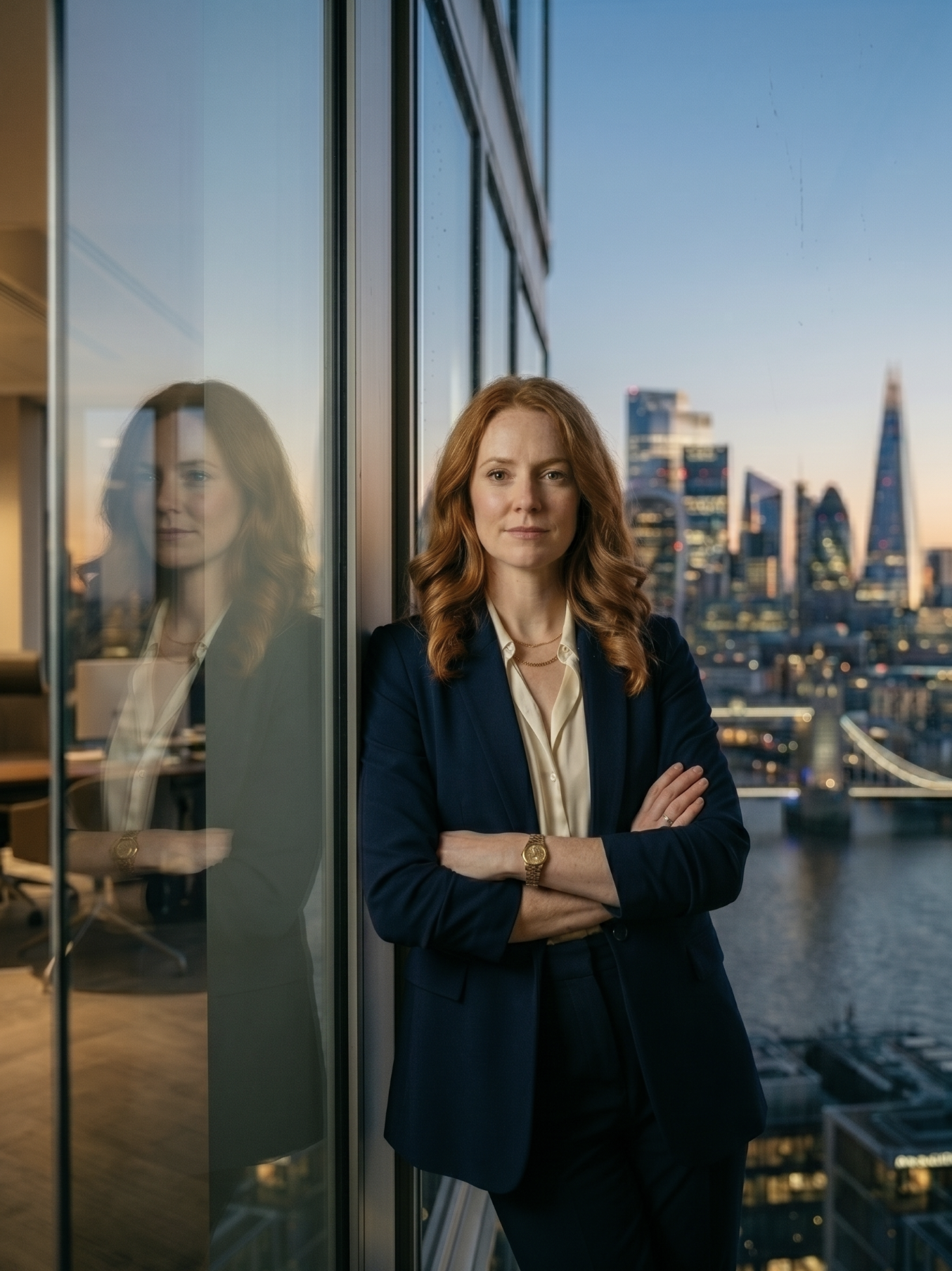 Businesswoman with red hair wearing a dark suit, standing with arms crossed on a balcony with a city skyline at sunset in the background, after having her cyber threats removed.