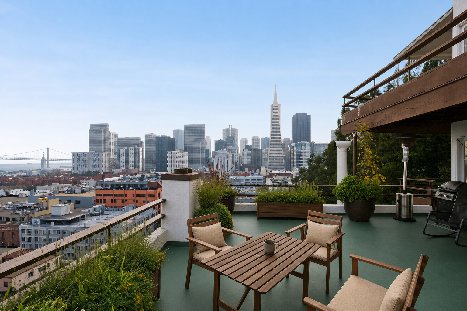 Rooftop patio with outdoor furniture and potted plants overlooking a city skyline with high-rise buildings and a bridge in the distance.