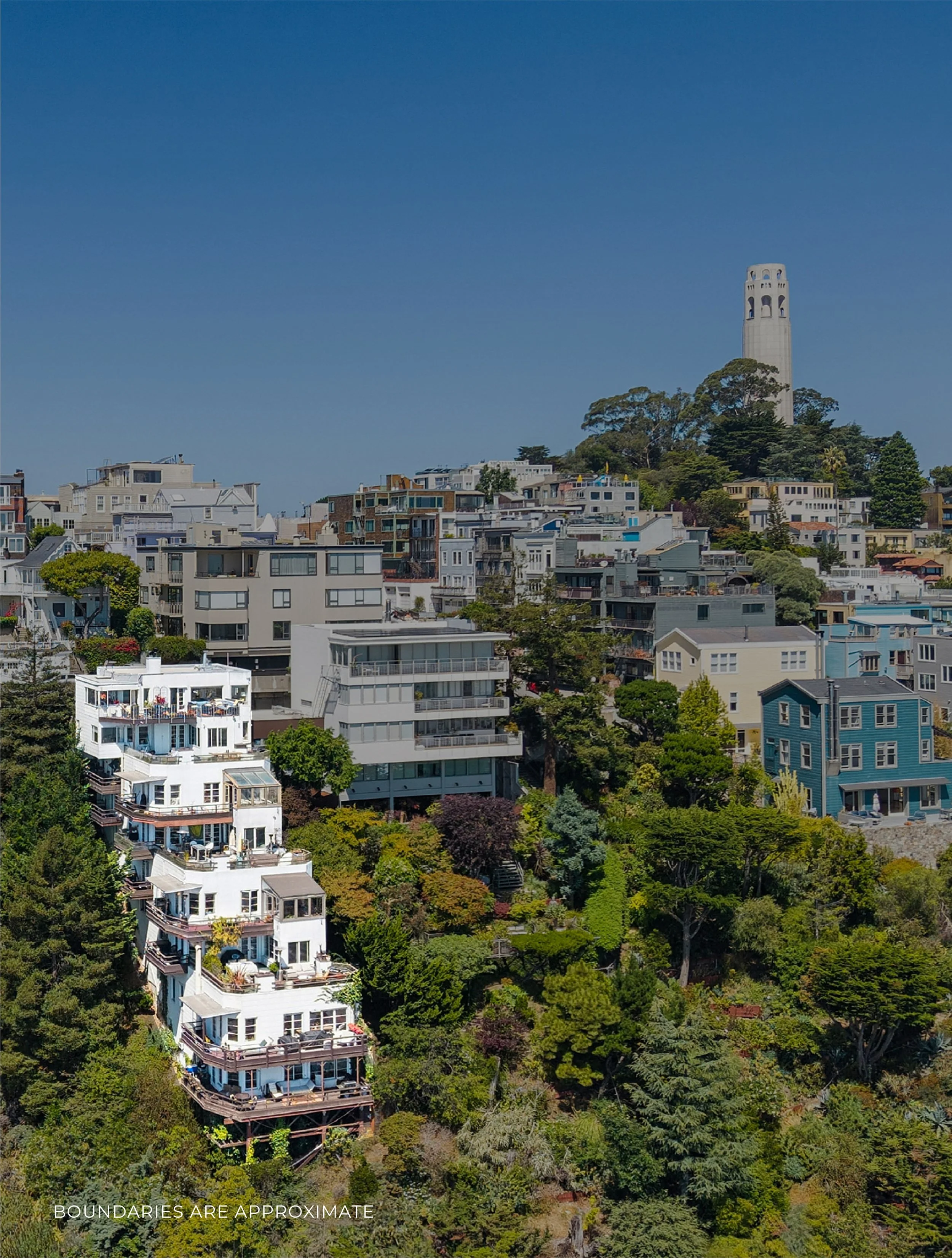 Aerial view of a residential neighborhood with multi-story houses nestled among many trees, with a prominent tall white tower on a hilltop in the background, under a clear blue sky.