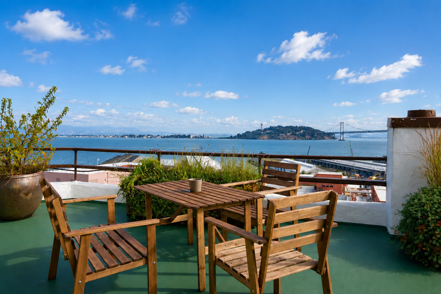 A rooftop patio with wooden furniture, potted plants, overlooking water, with a bridge and hills in the background.