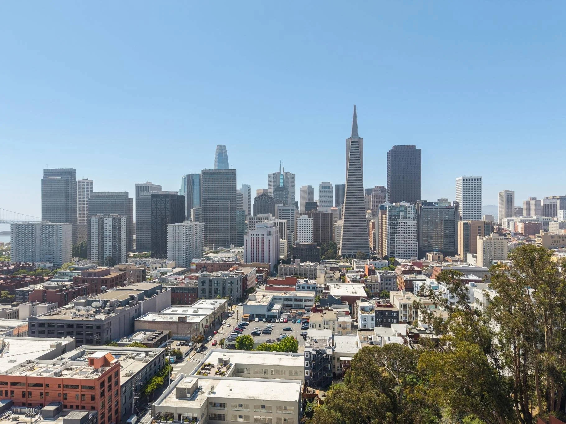 Skyline of San Francisco with various skyscrapers, including the Transamerica Pyramid, under a clear blue sky, viewed from a city street with low-rise buildings and trees in the foreground.