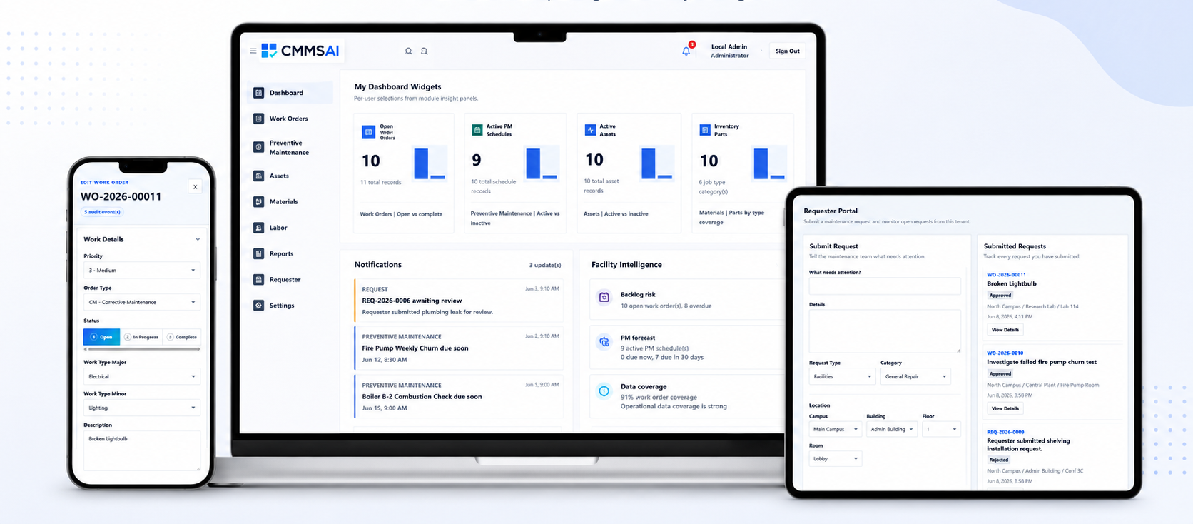 Screenshot of a maintenance management software dashboard on a laptop, and multiple mobile screens showing work order details and request forms.