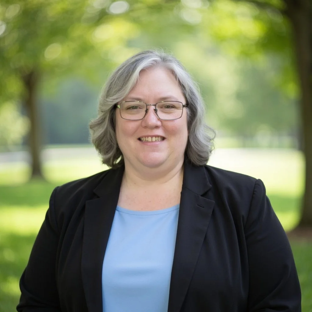 A smiling woman with gray hair and glasses, wearing a black blazer over a light blue top, outdoors with green trees and grass in the background.