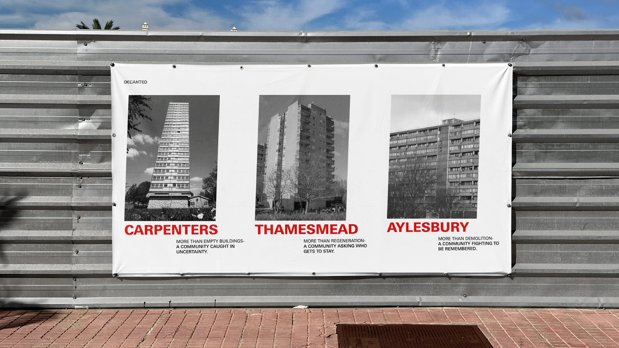 Posters act as public and resident entry points into Decanted.