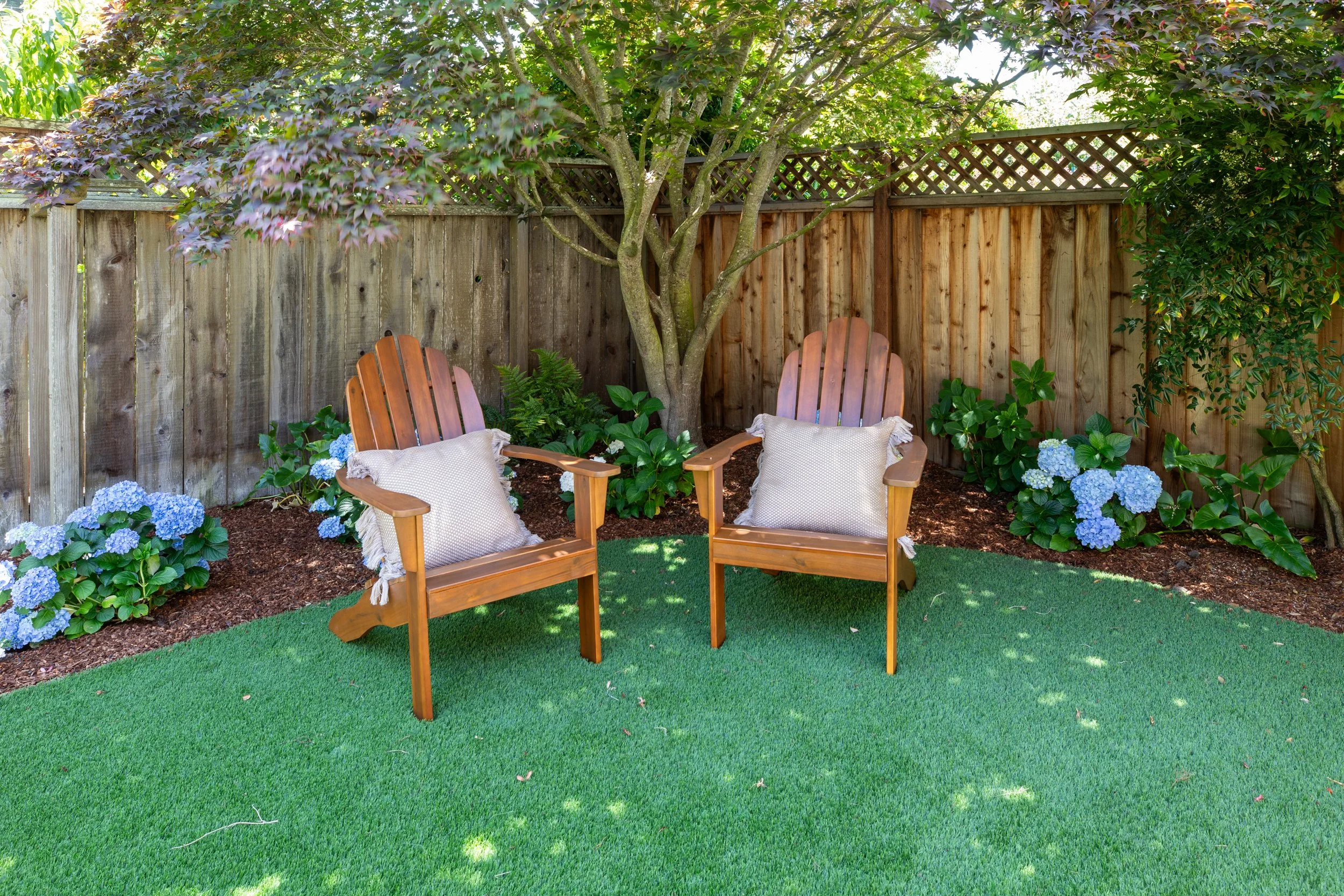 A backyard scene with a wooden fence, a large tree in the center, and lush green plants and bushes. Two wooden chairs with cushions are placed on a small patch of artificial grass, surrounded by blue hydrangea flowers.
