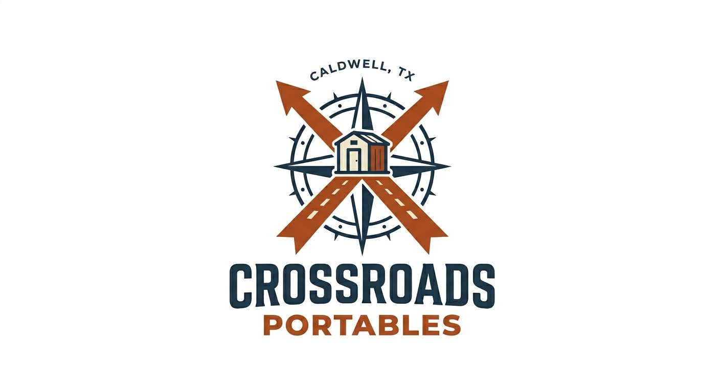 Logo with a compass, two crossed roads, a small house, and the text 'Caldwell, TX Crossroads Portables'