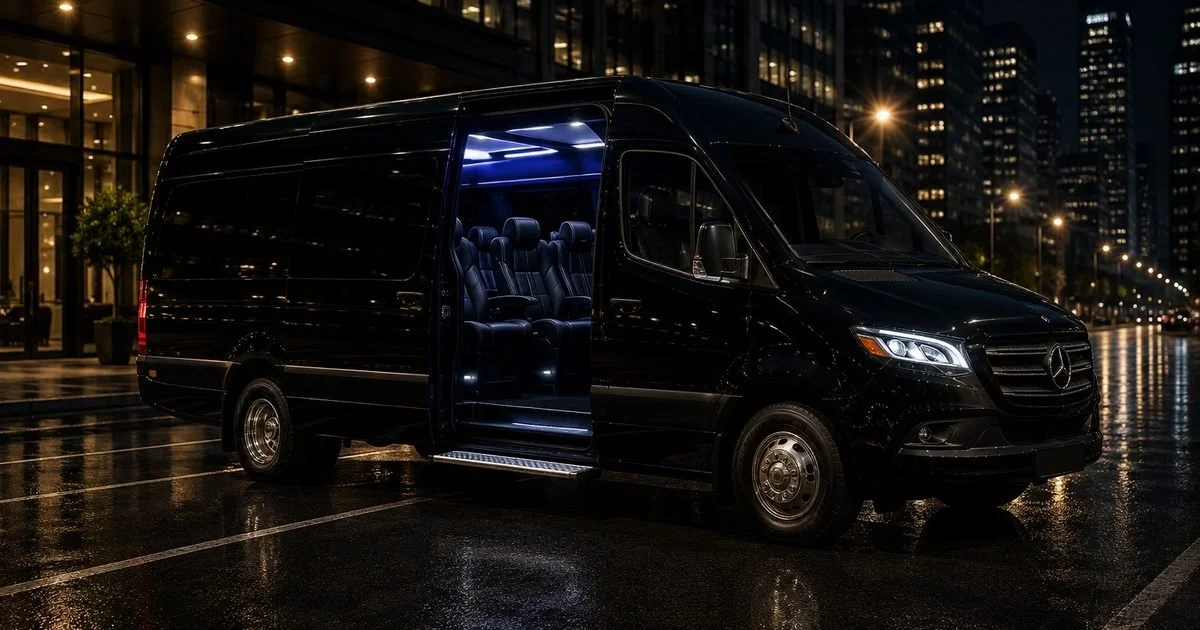 Black Mercedes-Benz passenger van parked on a city street at night with its side door open, showing interior seats, slick urban surroundings, and tall buildings illuminated in the background.