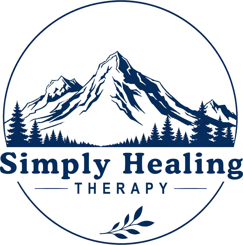Logo for Simply Healing Therapy featuring a mountain landscape with pine trees and a semicircular outline.