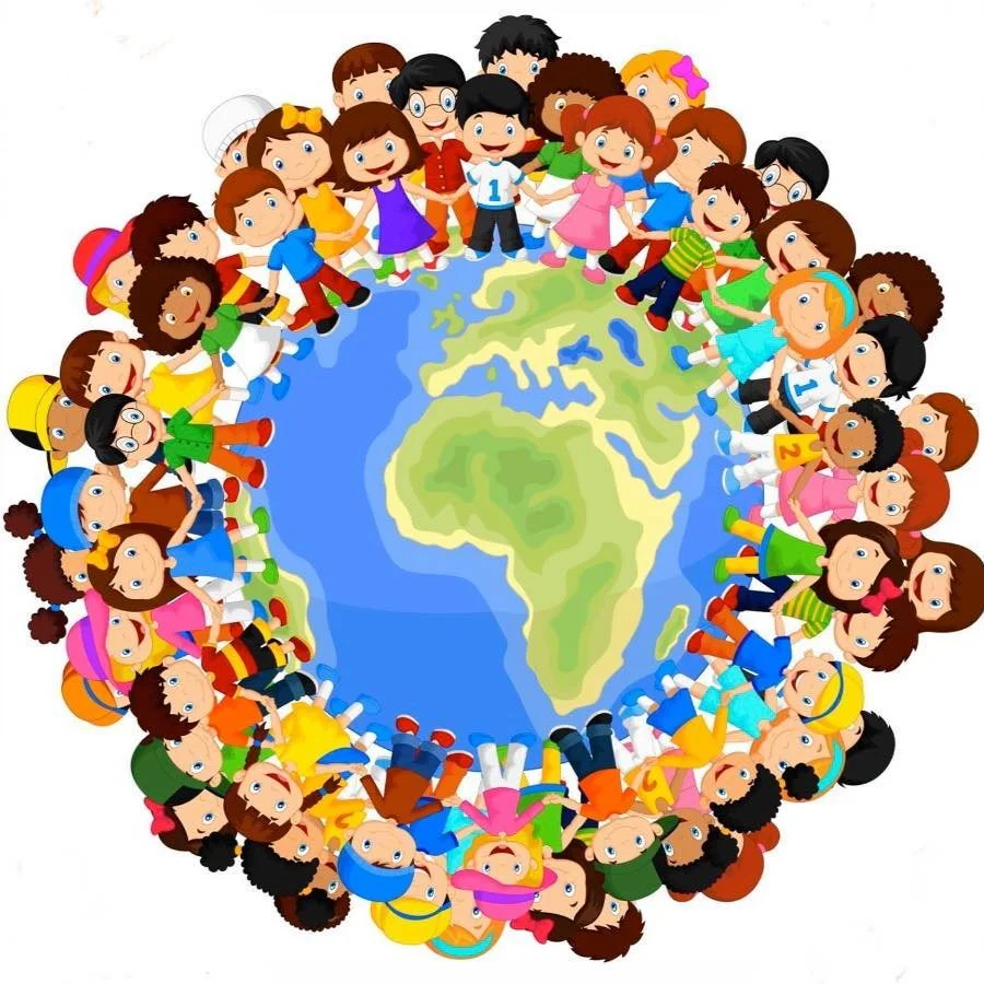 Cartoon children holding hands around a simplified illustration of the Earth, representing diversity and global unity.