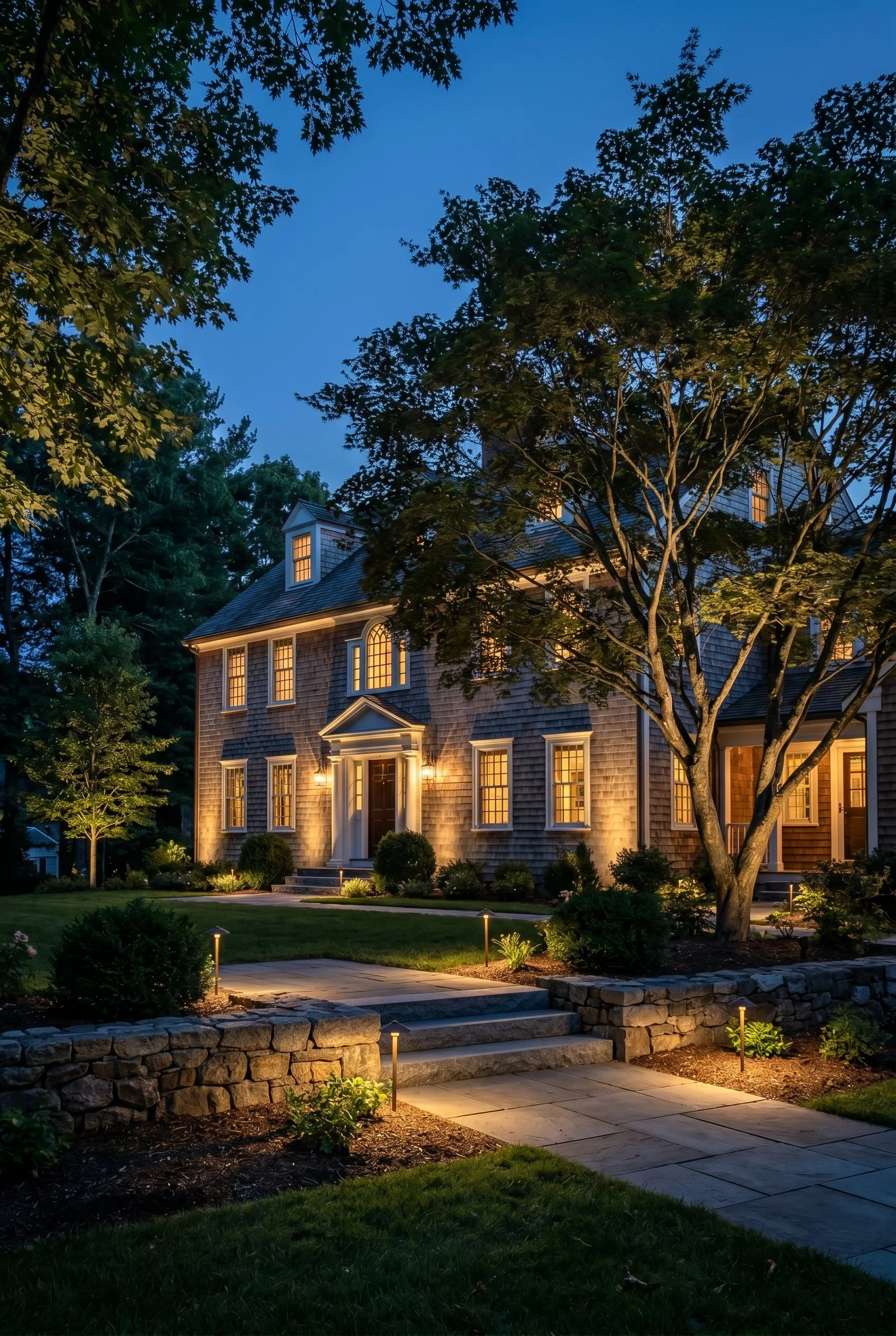 A large house with a shingled exterior, illuminated warmly from windows and outdoor lighting, surrounded by a landscaped yard with a stone pathway, small bushes, and trees, during dusk.