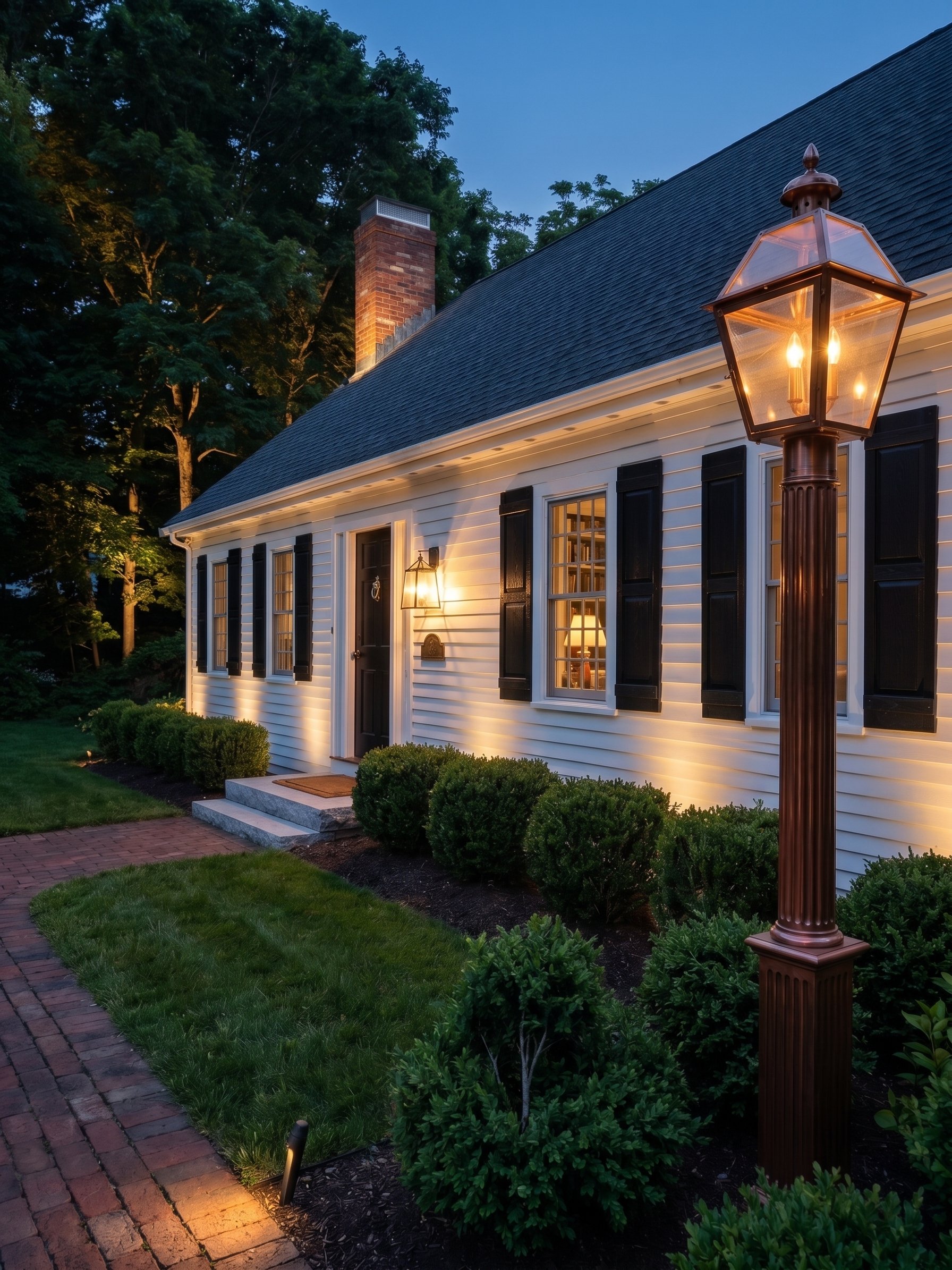 A cozy white house with black shutters at dusk, lit warmly from inside. A brick chimney rises from the roof, framed by large trees. Outside, a vintage-style street lamp illuminates the landscaped yard with bushes, a brick patio, and pathway lights.