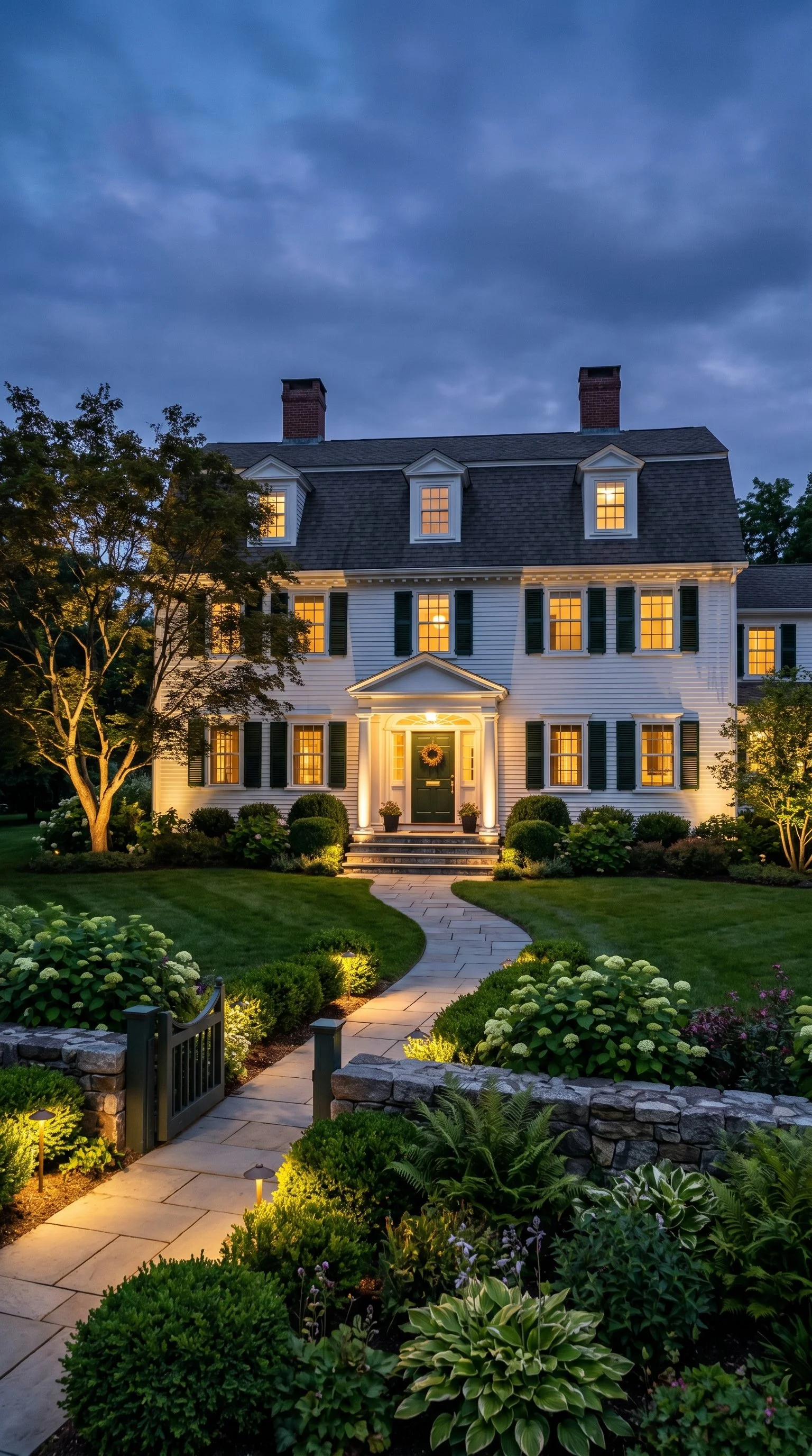 A large, white, three-story house illuminated from inside with multiple windows and a central front door with stairs, surrounded by a well-maintained garden with shrubs, flowering plants, a stone pathway, and trees, under a darkening sky.